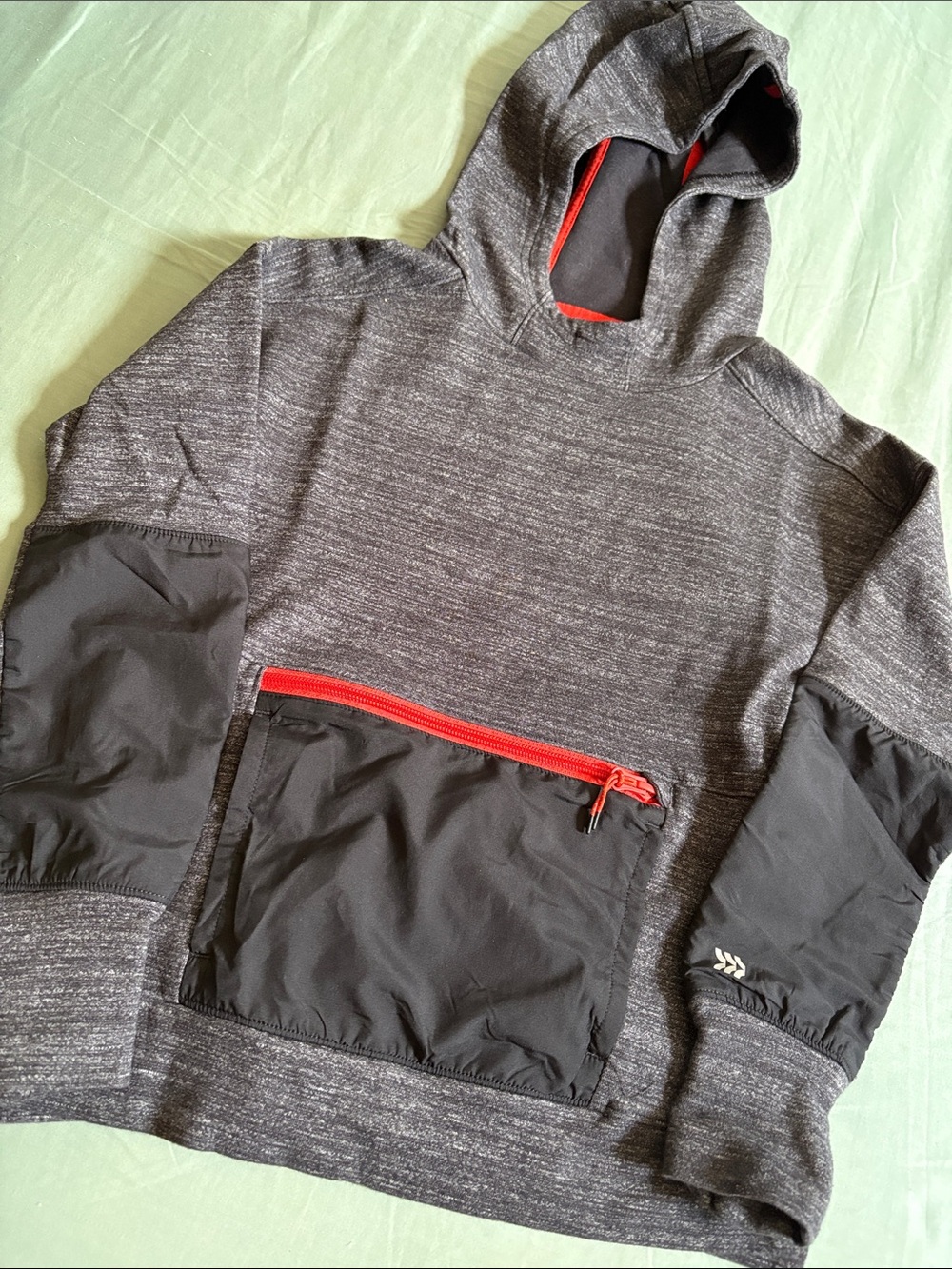 all in motion Gray Hoodie with Black Panels and Red Zipper